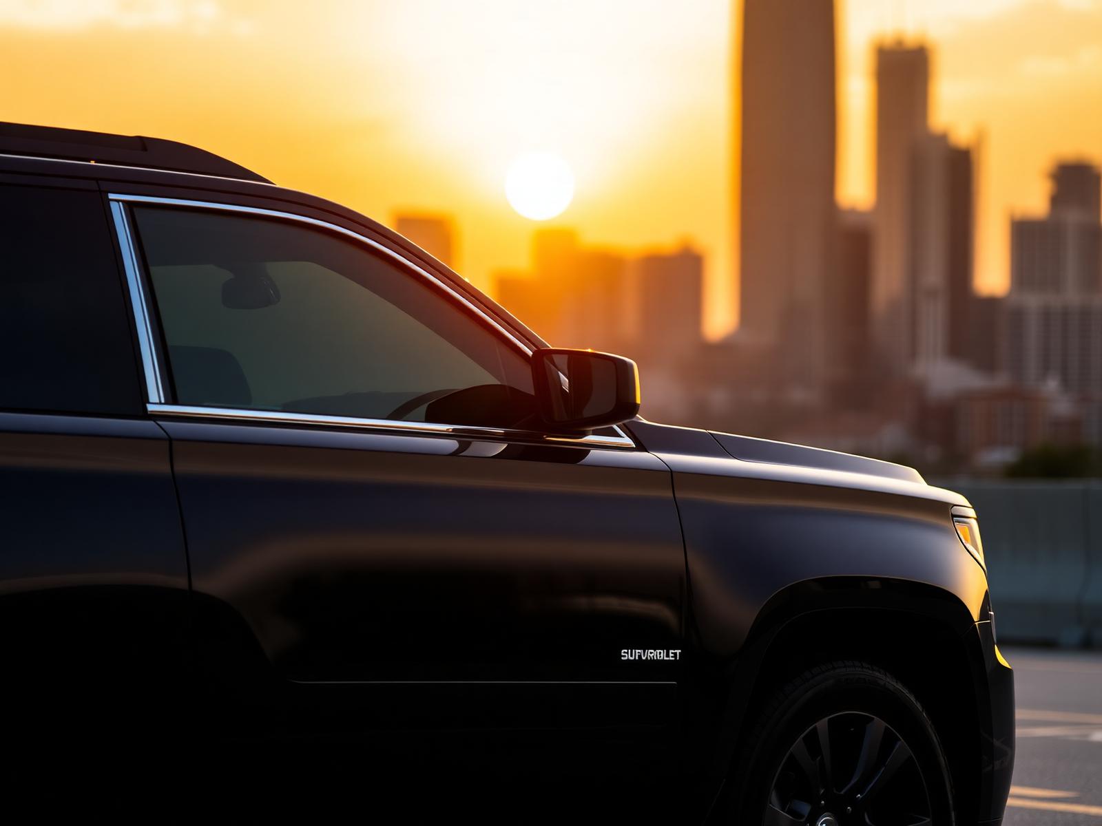 Black Chevrolet Suburban luxury SUV with Houston skyline at sunset